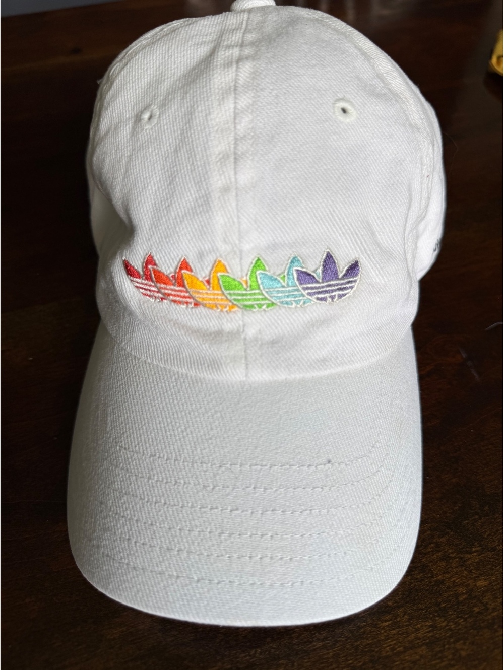 Adidas White Baseball Cap with Rainbow Trefoil Logo and 'Love Unites' Embroidery
